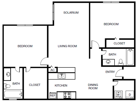 Floor plan for 2 beds, 2 baths, 1075 sqft